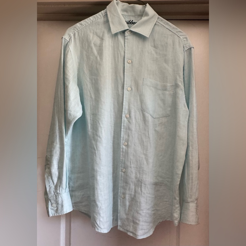 Men’s M Linen Blend Caribbean Shirt Blue Green Button LS Casual Resort Vacation